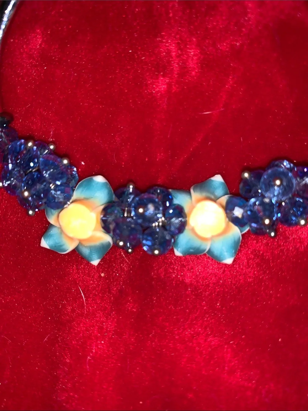 Blue Floral Bead Bracelet with faceted crystal bead Accents